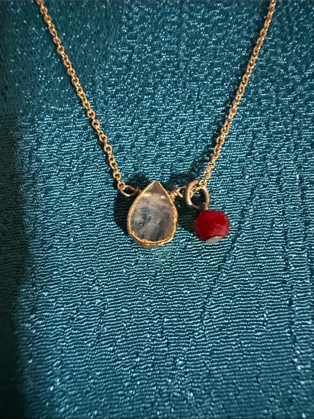Gold Teardrop Pendant Necklace with Red Bead